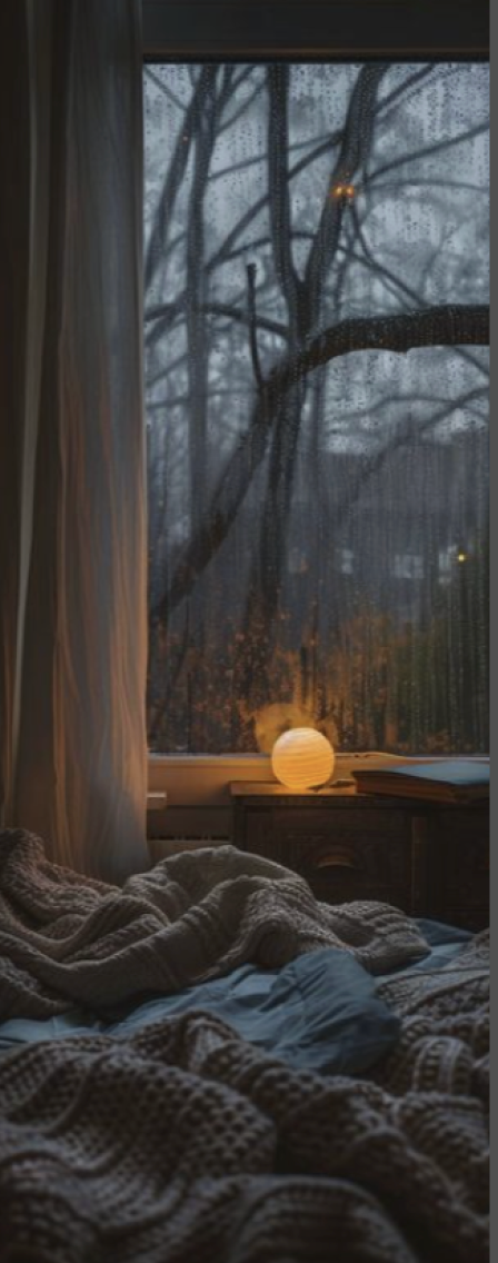 Warm lamp glow in a bedroom window at dusk