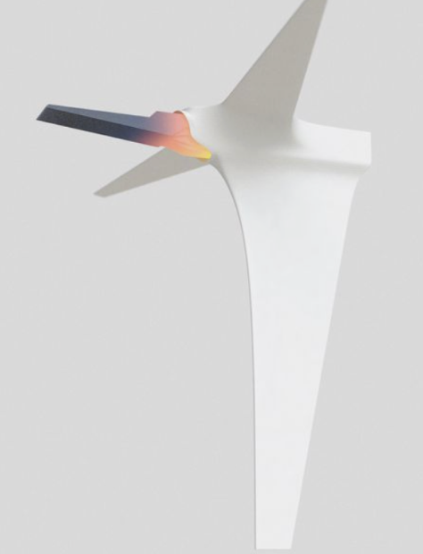 Minimal white origami-style drone form with warm accent