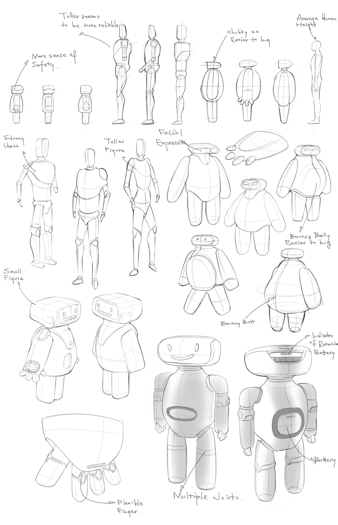Hand-drawn ideation sheet showing thumbnail silhouettes, sketch ideation, and final concept lock