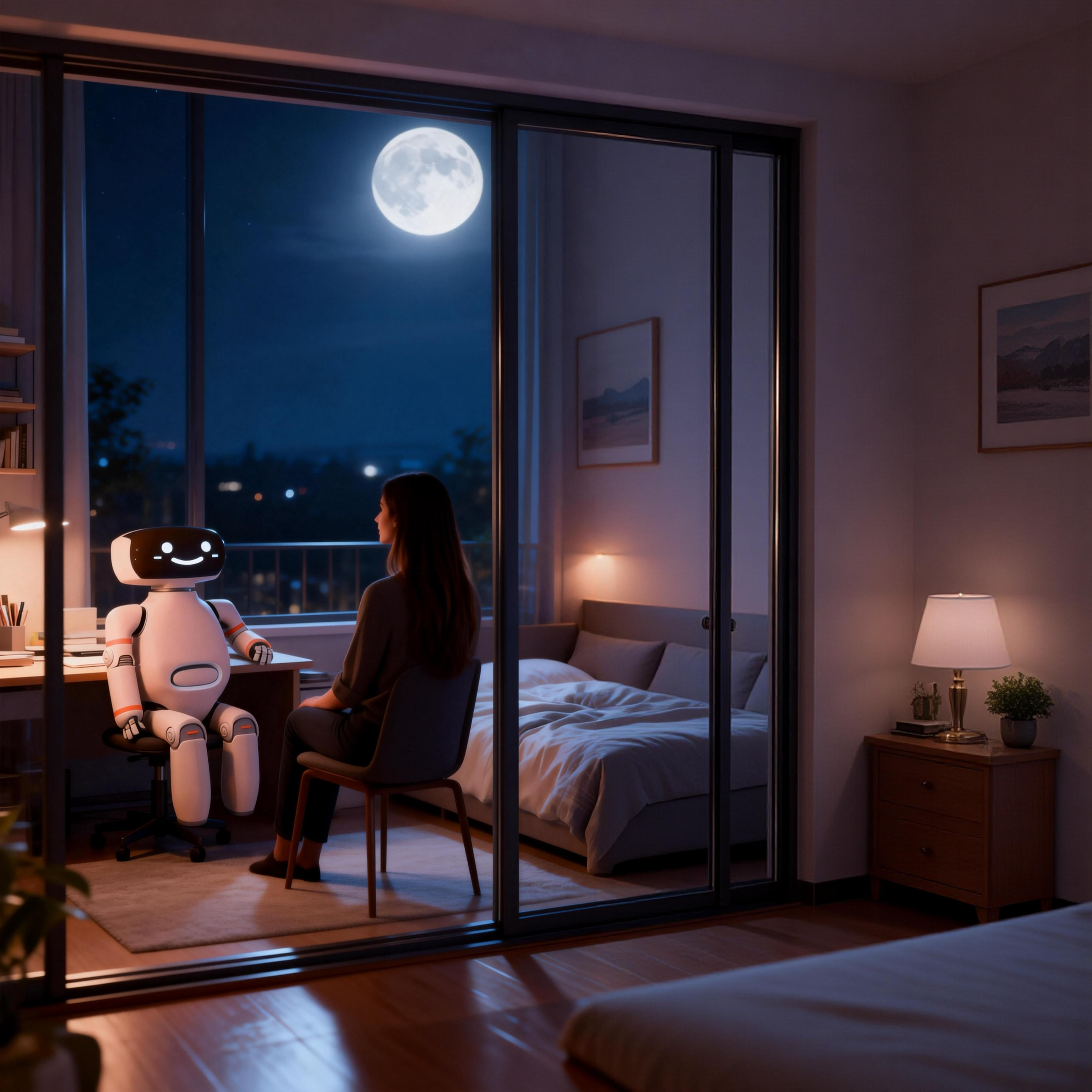 A young woman sits by a window at night with Lumo beside her, a full moon outside, a warmly-lit bedroom behind them.