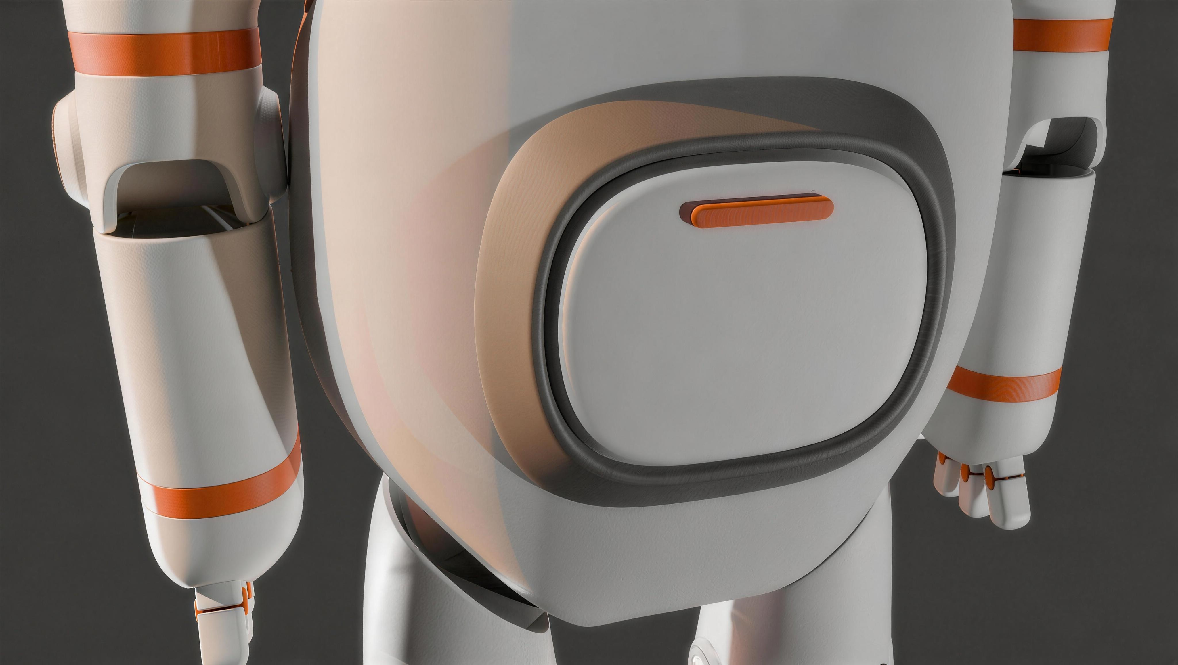 Close-up of Lumo's chest panel — integrated battery module behind a seamless shell.