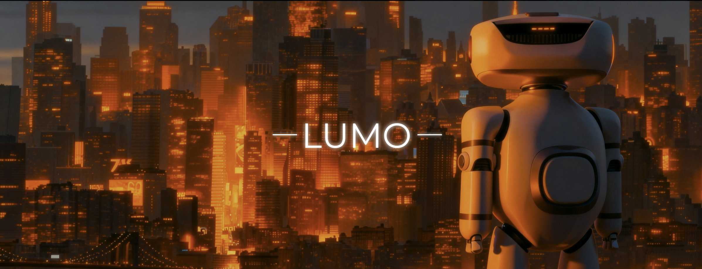 LUMO — a small companion robot silhouetted against a warm city dusk