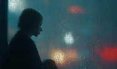 Silhouette of a person looking out at a rainy window at night
