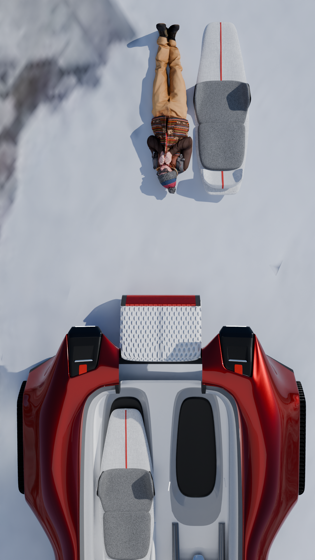 Stretcher deployed on the snow next to the patient