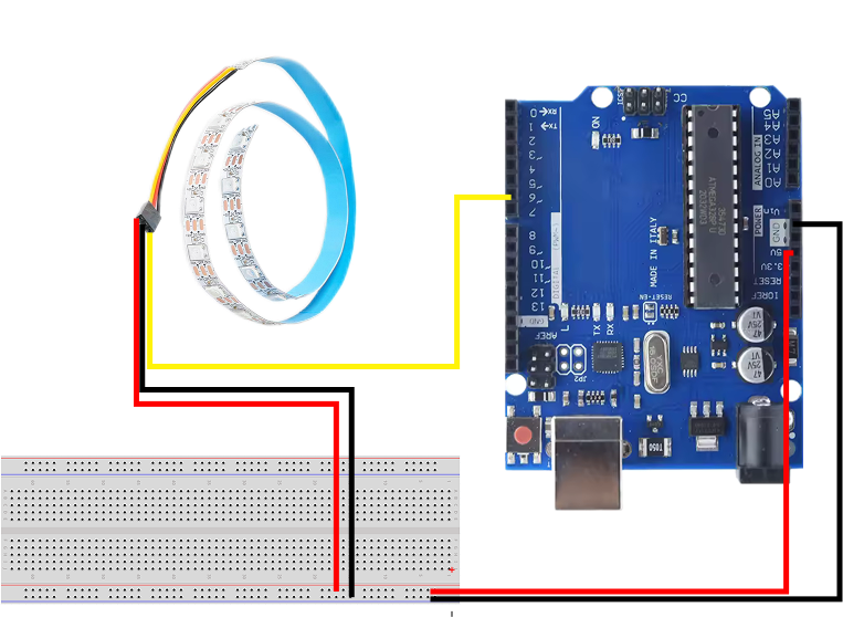 Arduino controller board wired to the helmet's LED strip and breadboard.