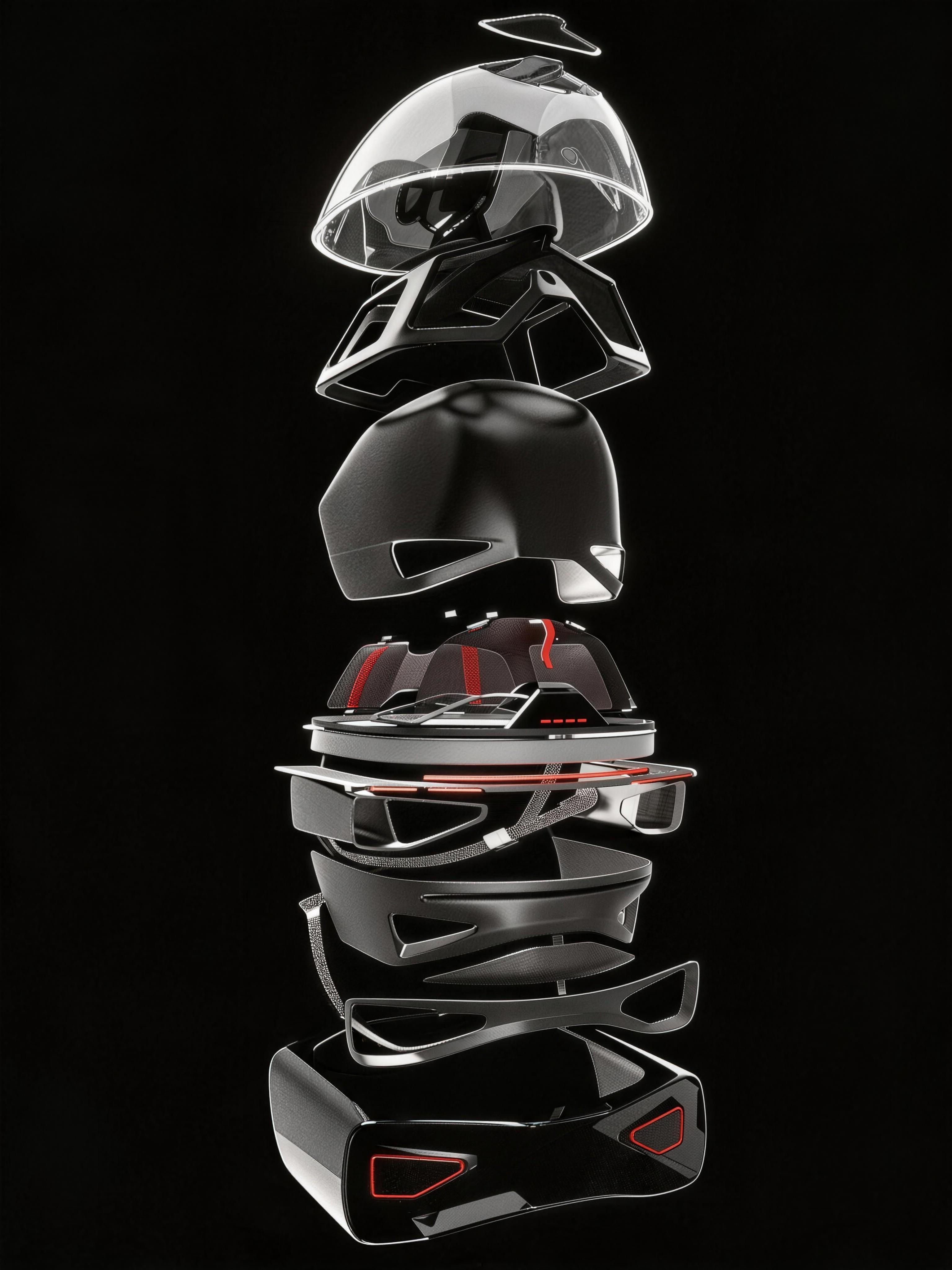 Exploded view of the AERIS helmet showing its seven primary systems.