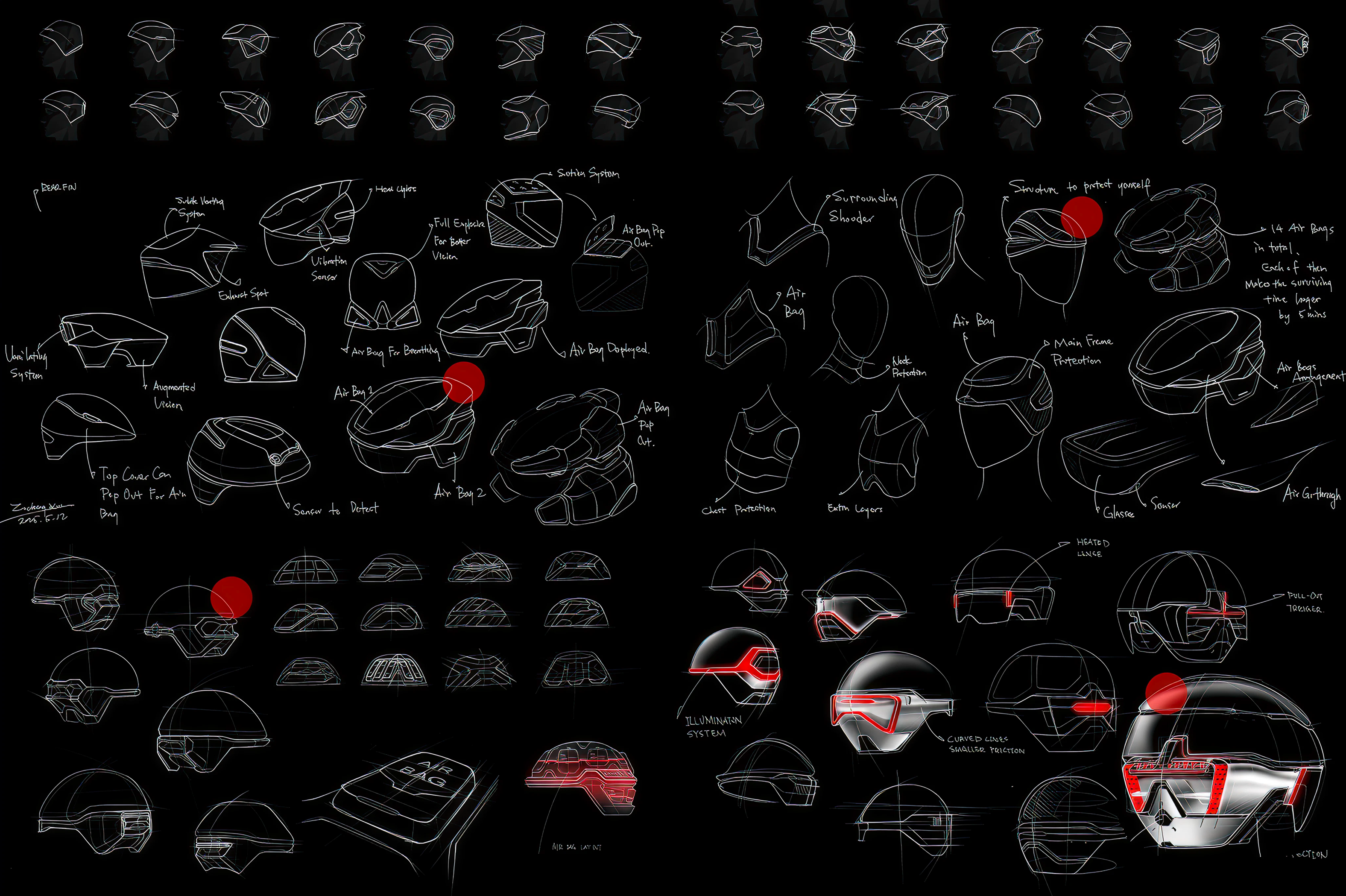 Hand-drawn helmet ideation sheet — silhouettes, venting, and chin-bar oxygen module