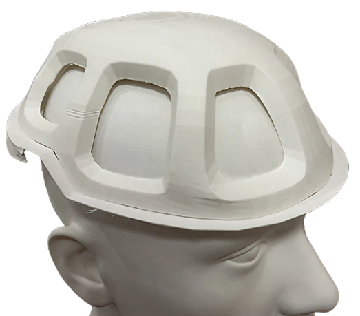Front view — 3D-printed shell on head