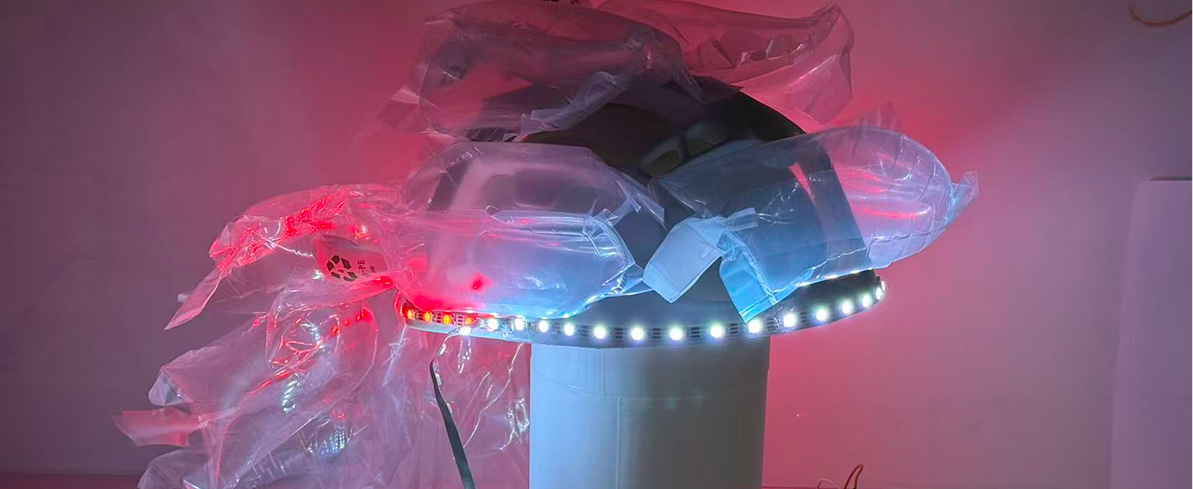 Rear red LED lighting on the prototype helmet.