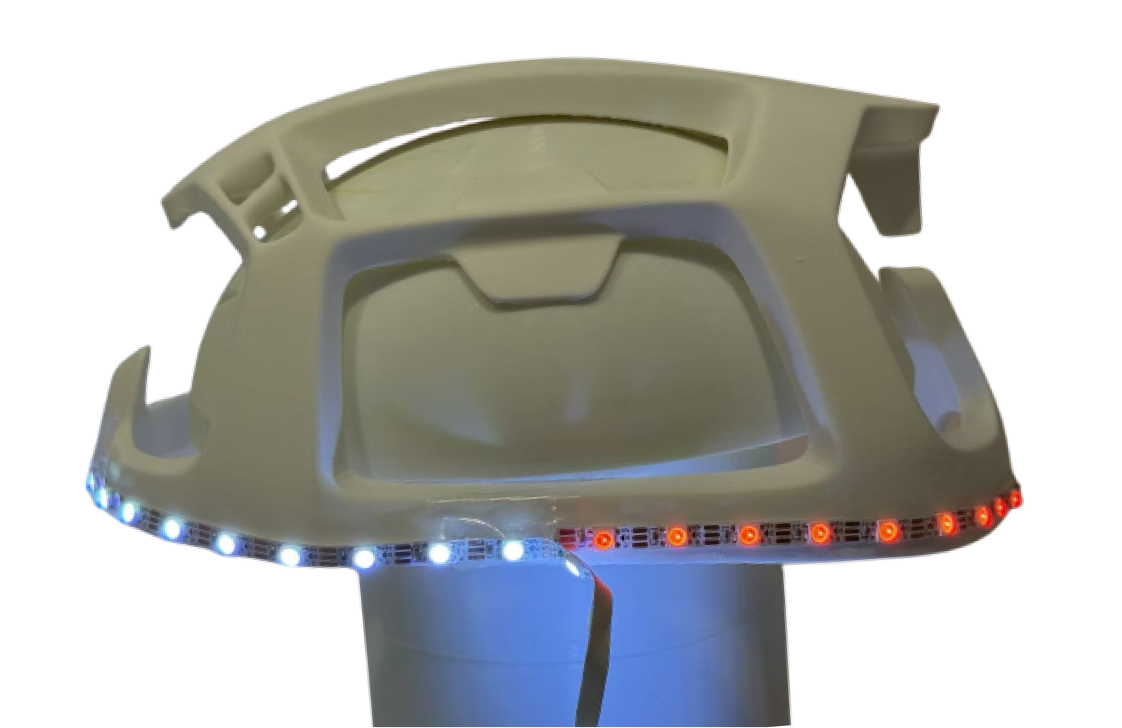 Arduino-controlled LED strip running around the full rim of the prototype helmet.