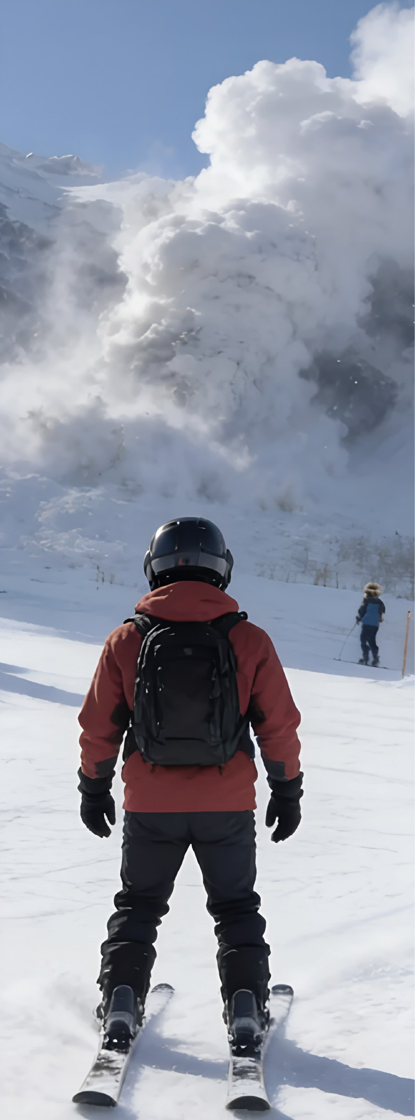 Skier standing on the slope, about to drop in.