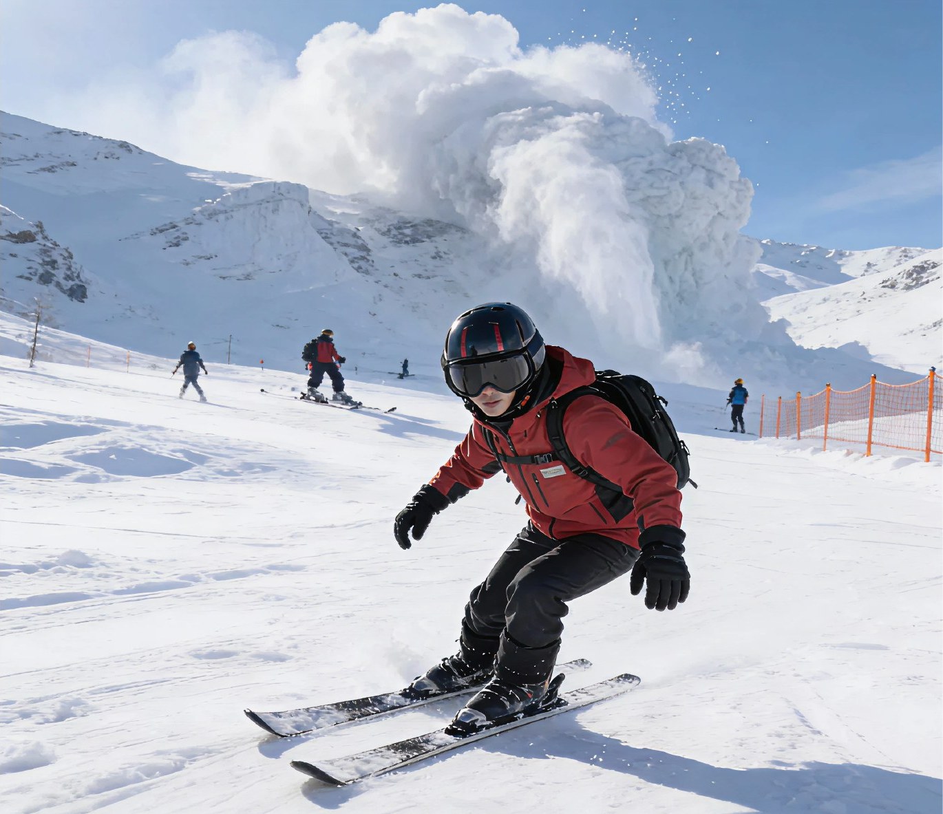 Skier carving fast down the slope.