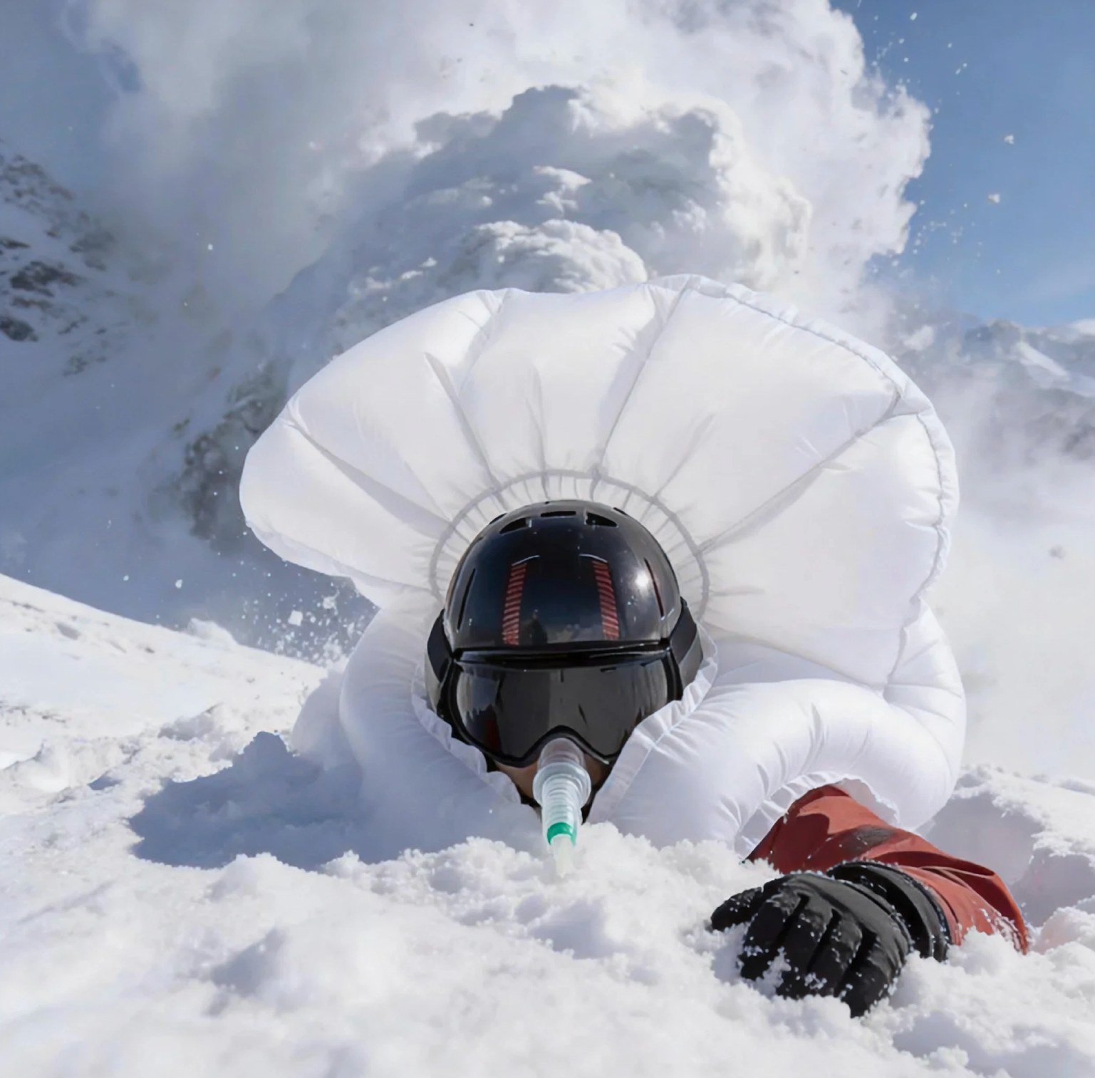 Rider face-down in the snow with airway open.