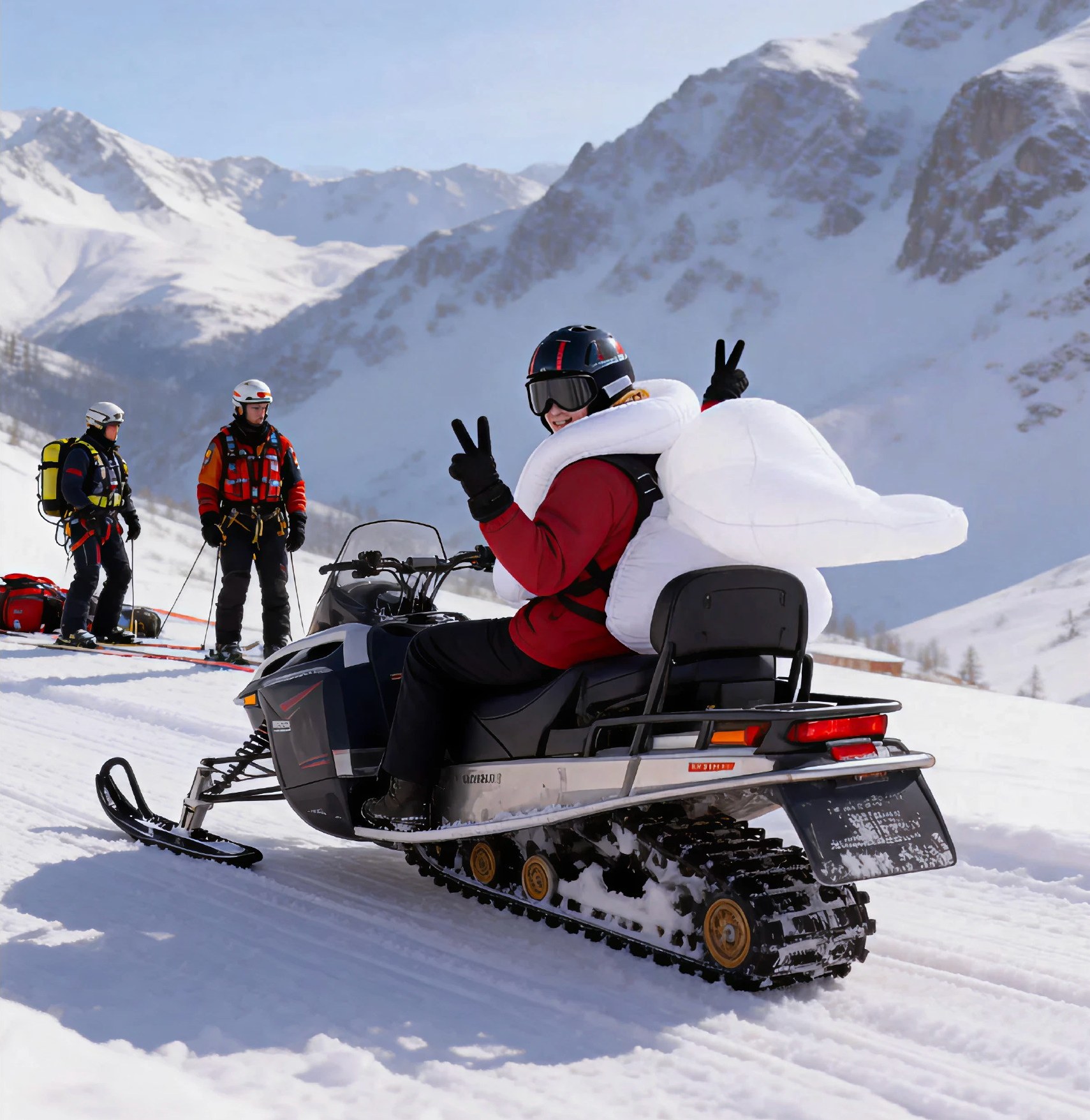 Rider rescued and riding out on a snowmobile, helmet still deployed.
